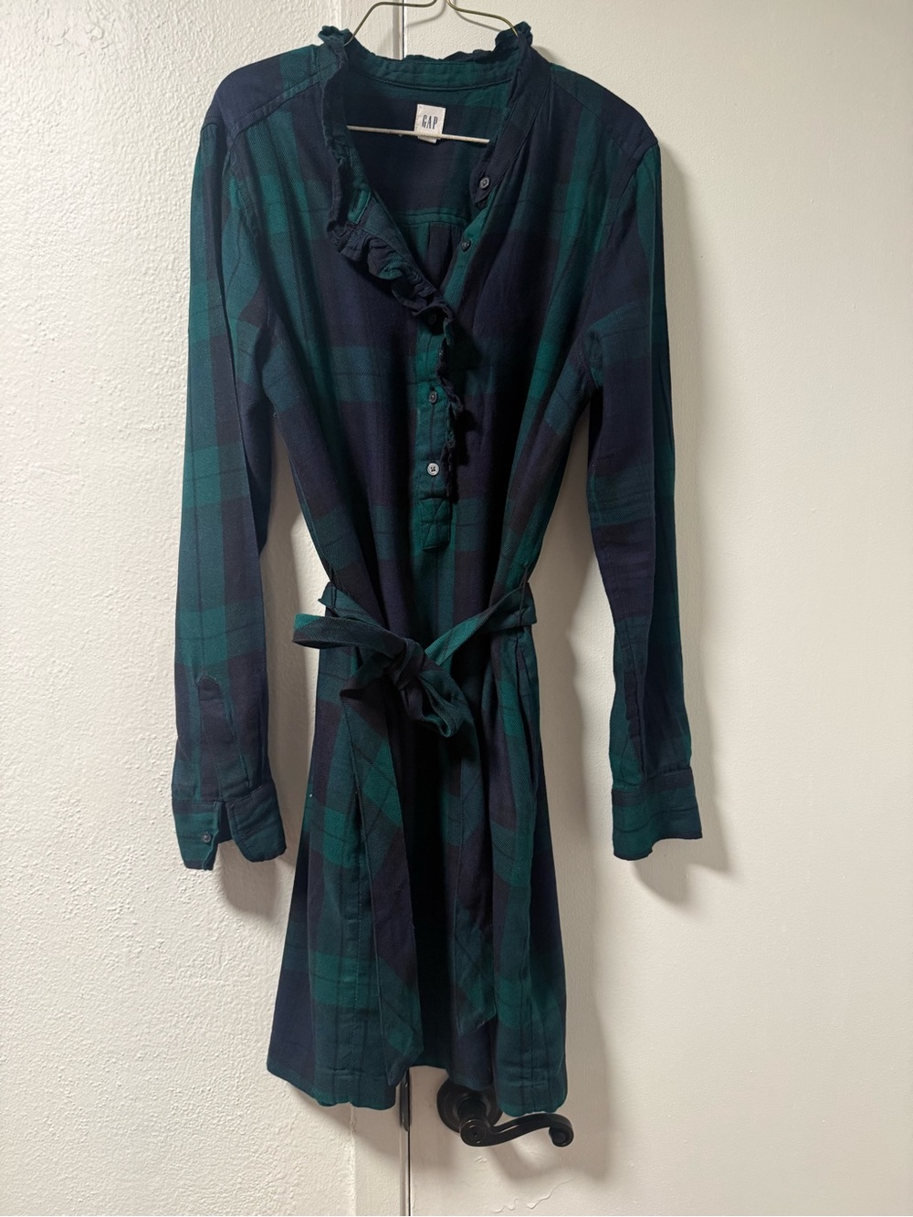 GAP Green and Navy Plaid Ruffle Tie-Waist Long Sleeve Dress